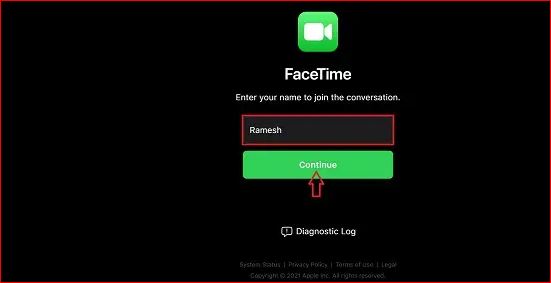 Enter your name for FaceTime call